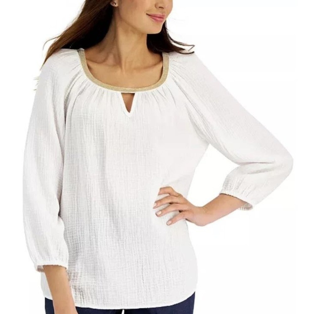 PXL Petite XL JM Collection white poplin‎ cotton breezy blouse silver microbeads